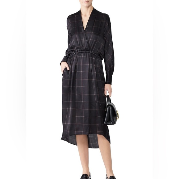 VINCE Grid Plaid Faux Wrap Dress 100% Silk Size Large - Picture 1 of 14